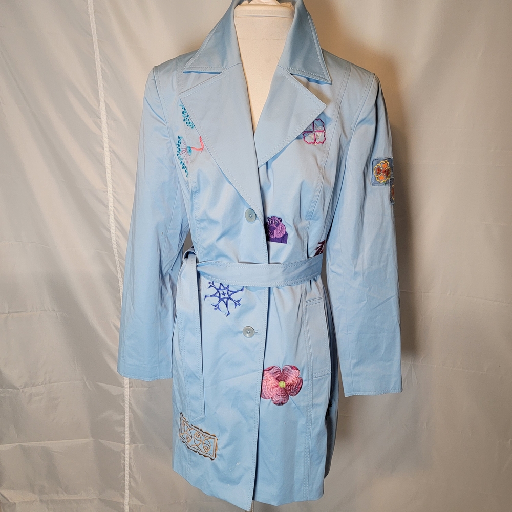 Designer Caslon Light Blue Trench Coat w/ Many Embroideries, Worn On Disney Show